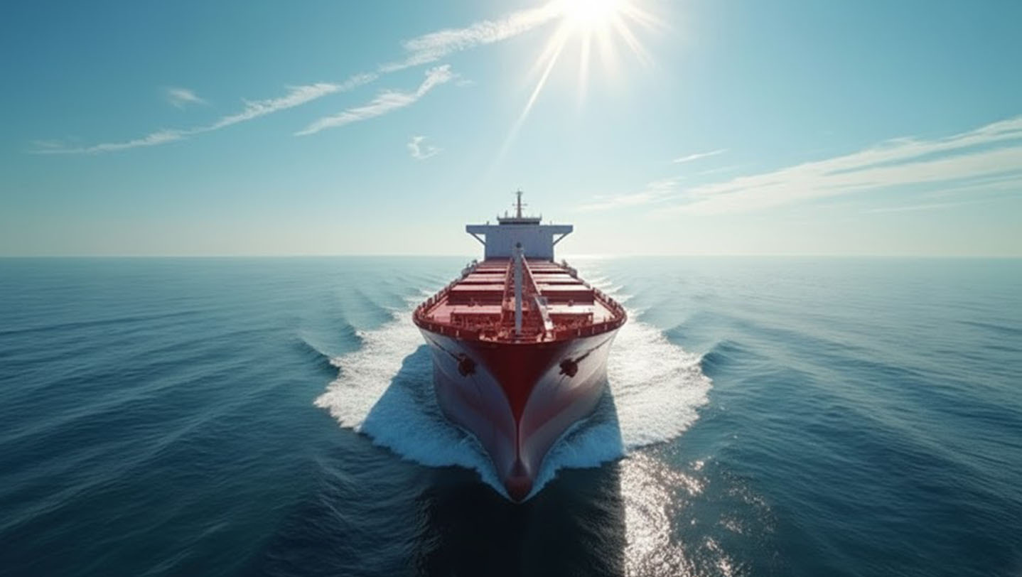 Commercial Cargo Vessel Sailing at Sea under Bright Sun