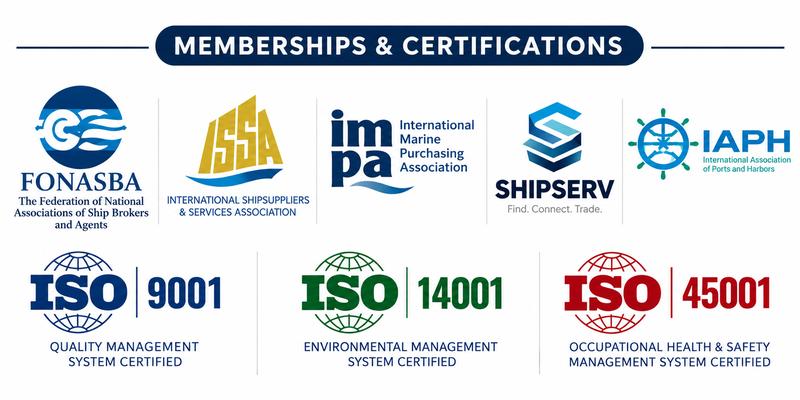 Memberships & Certifications: FONASBA, ISSA, IMPA, SHIPSERV, IAPH, ISO 9001, ISO 14001, ISO 45001